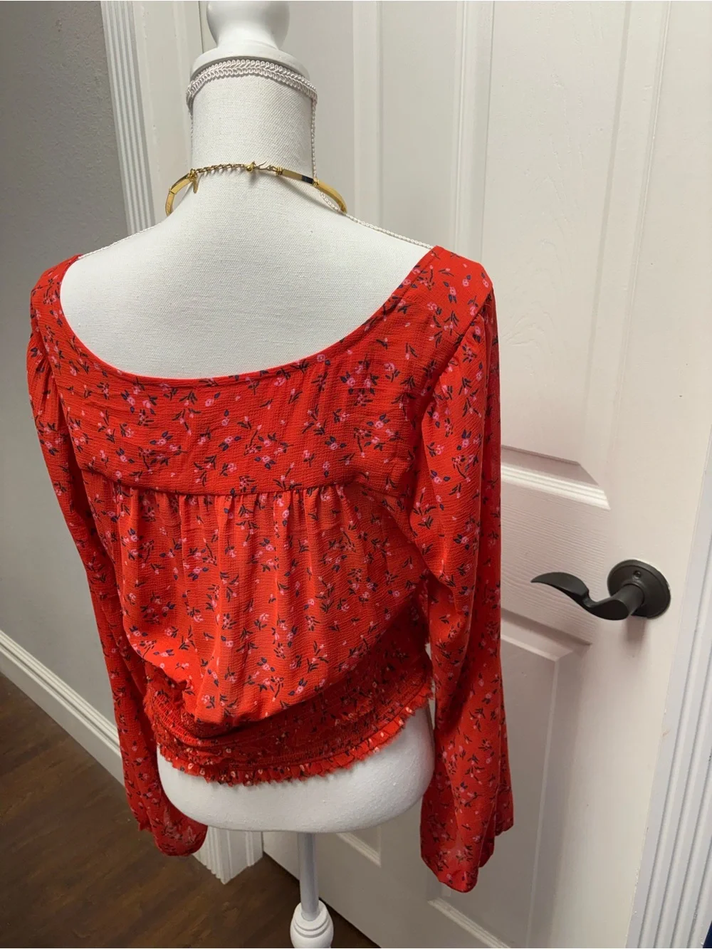 Free People Lolita Red Floral Smocked Tiered Crop Blouse Top - Size XL